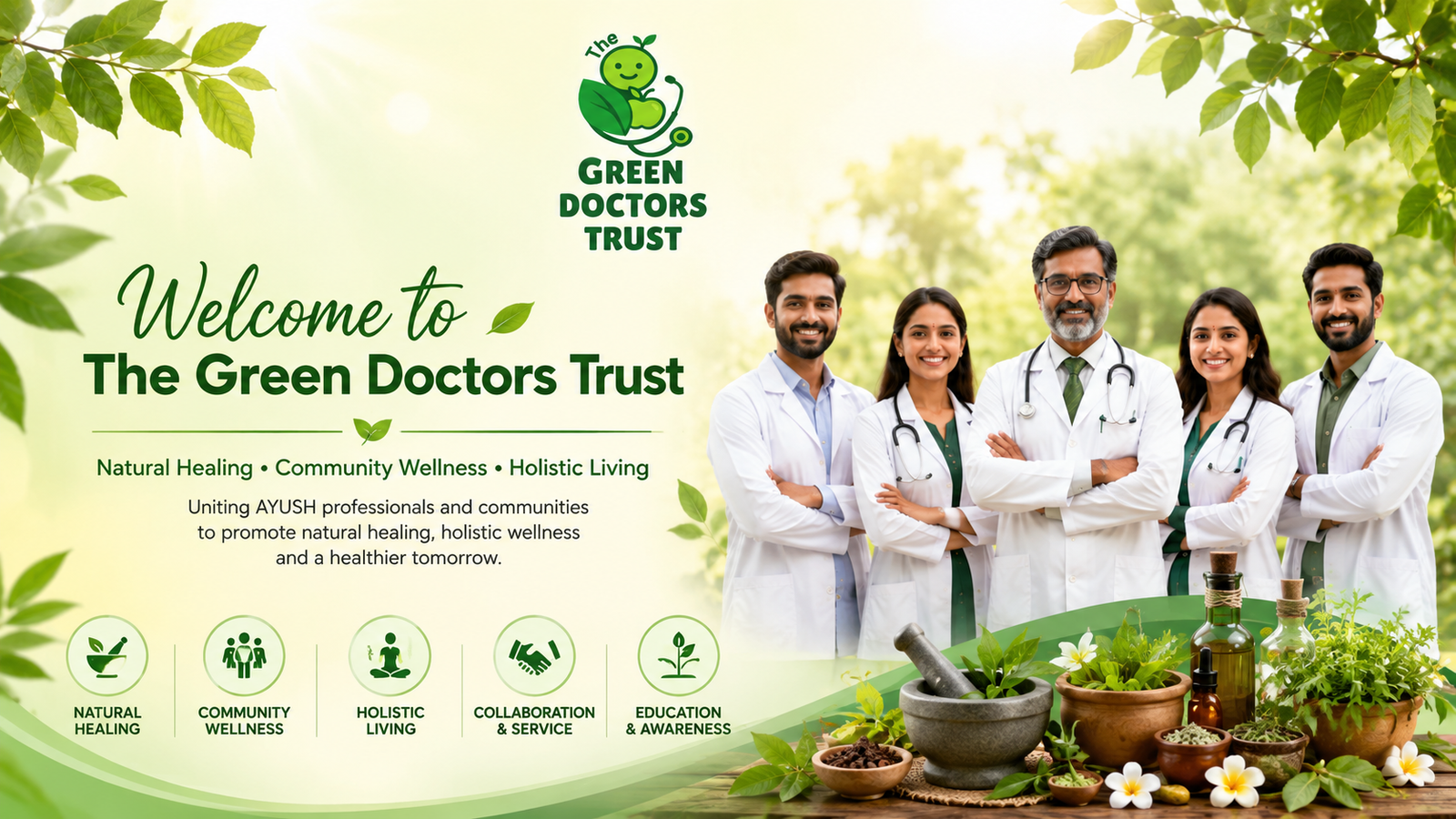 Welcome banner for The Green Doctors Trust featuring AYUSH healthcare professionals promoting natural healing, holistic wellness, community health, preventive healthcare, and integrative medicine.